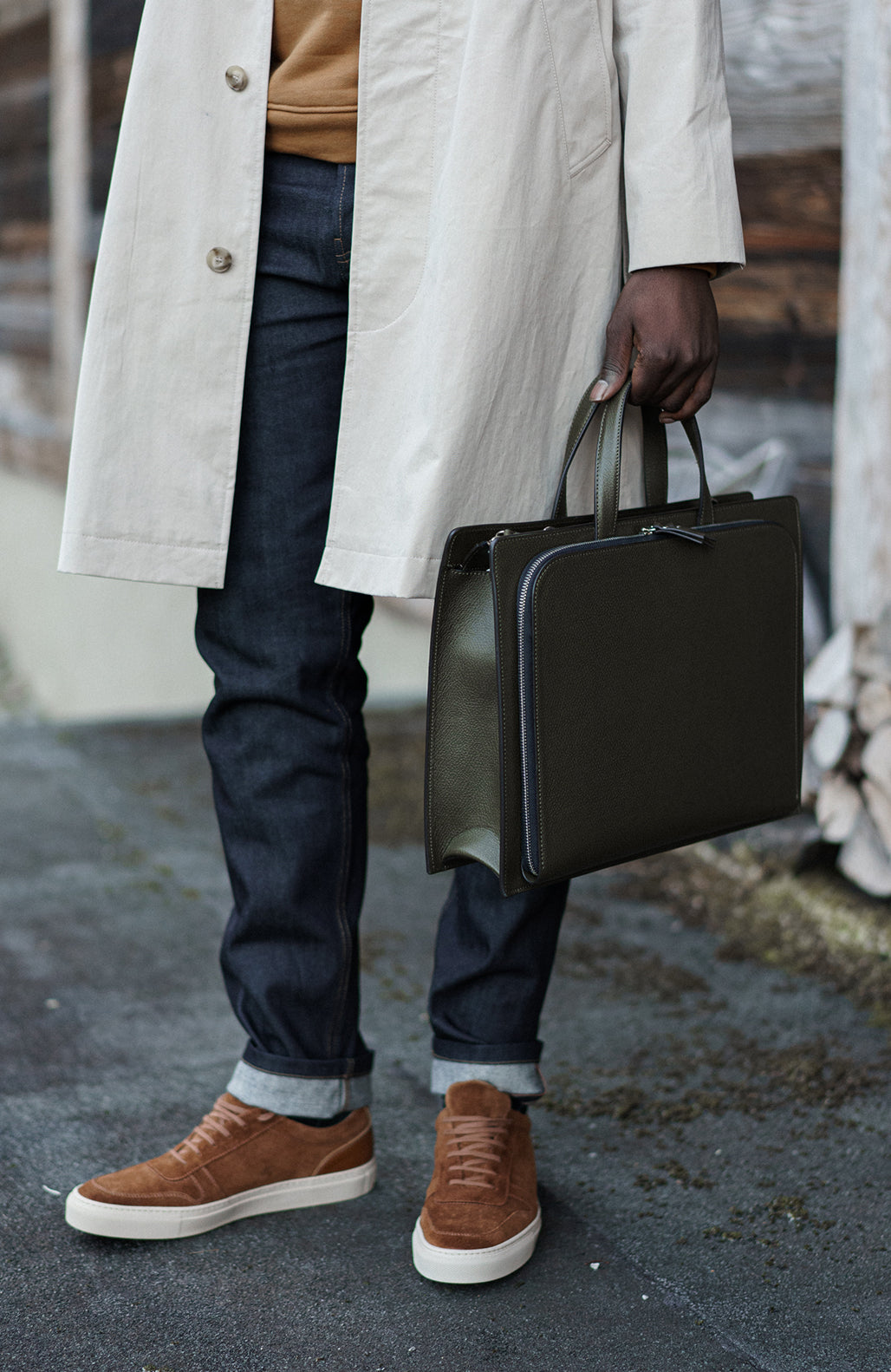 Le Nouveau Cartable Khaki Pebbled Leather