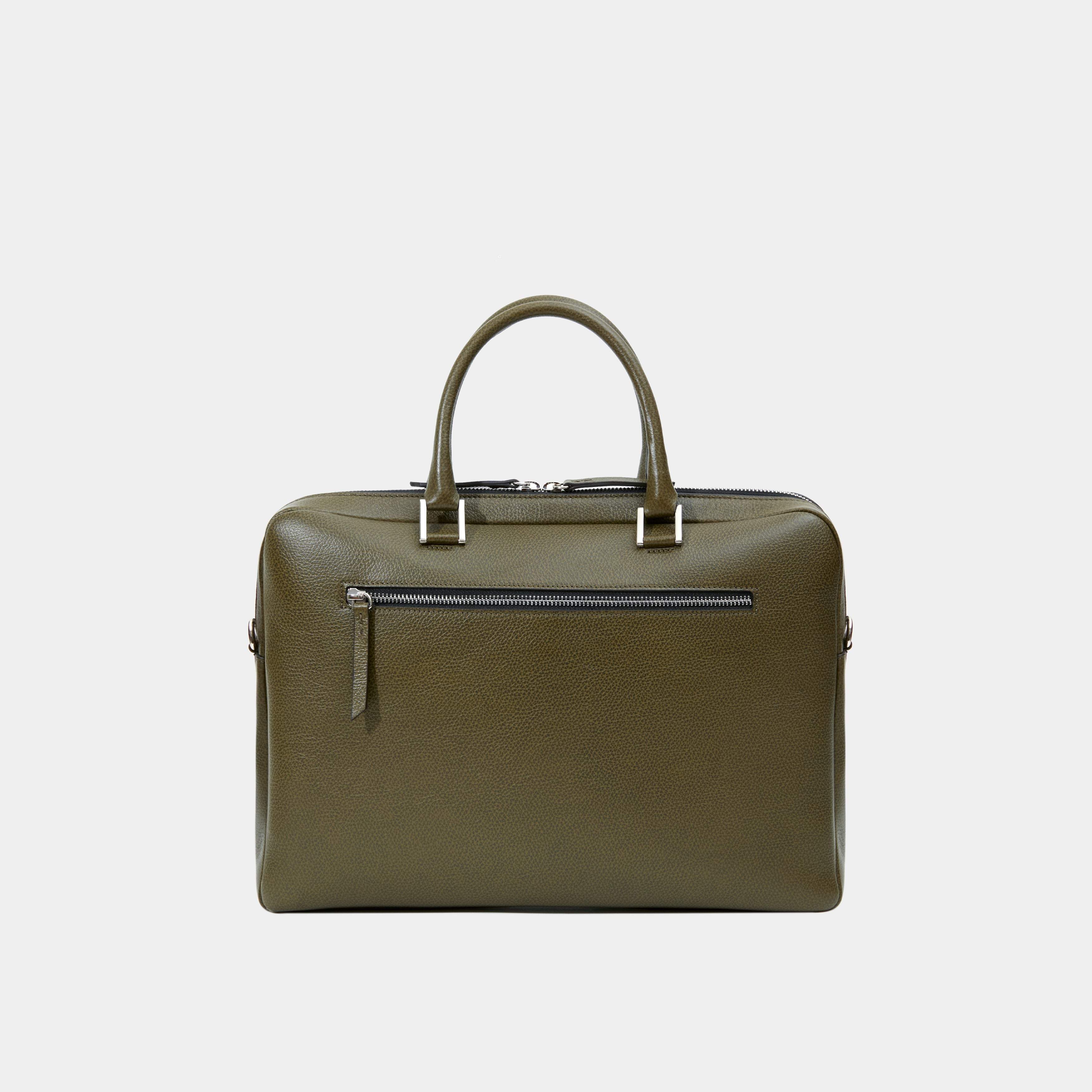 Le Slim Briefcase Khaki Pebbled Leather