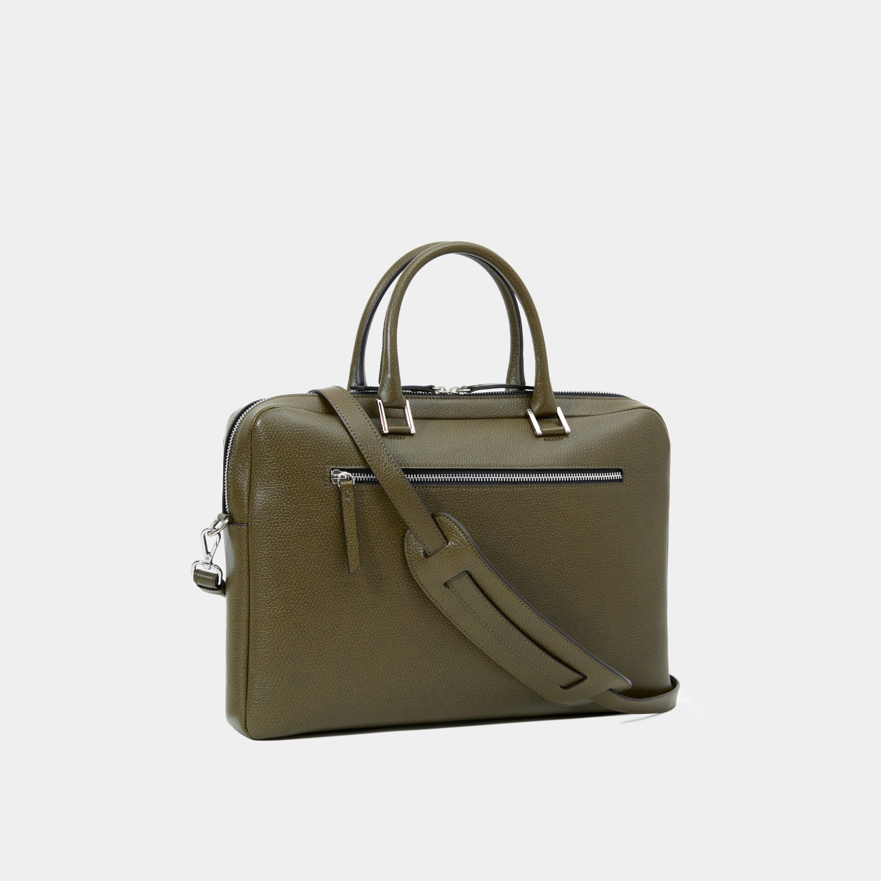 Le Slim Briefcase Khaki Pebbled Leather