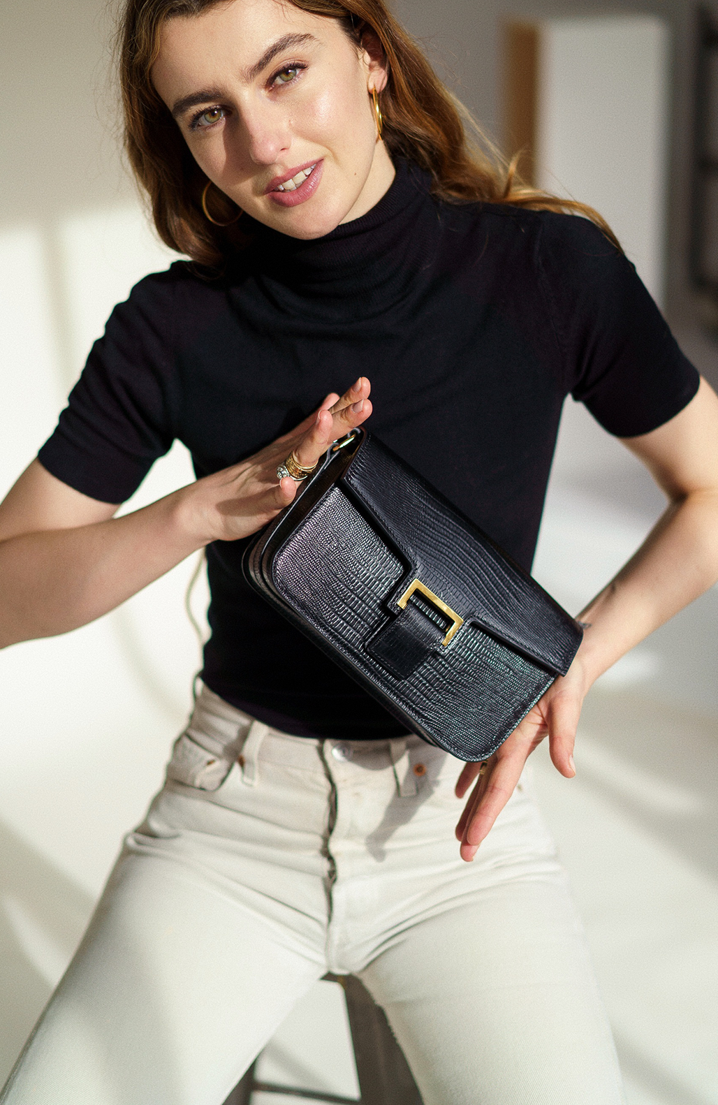 Le Sac Baguette Printed Lizard Black